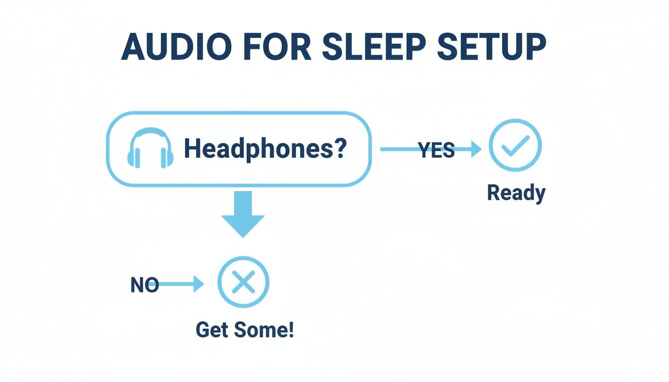 A simple flowchart detailing the audio setup for sleep, guiding users on headphone availability.