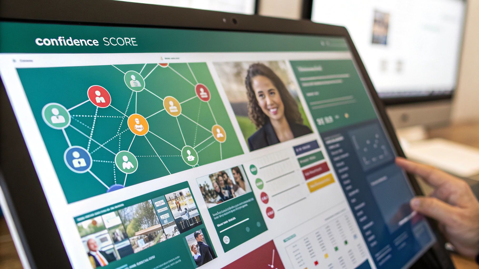 A magnifying glass hovering over a network of interconnected profiles, symbolizing the search and discovery of contact information.