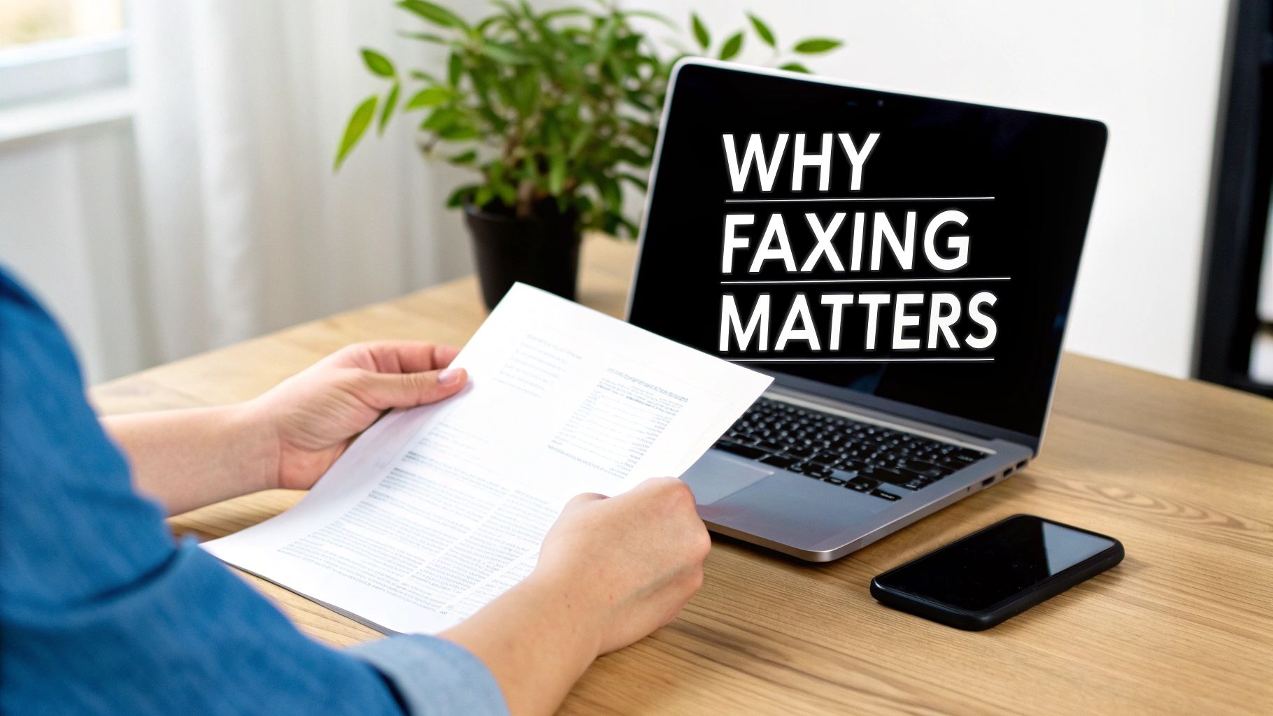 Person in a blue shirt reviewing a document at a desk with a laptop displaying “WHY FAXING MATTERS”.