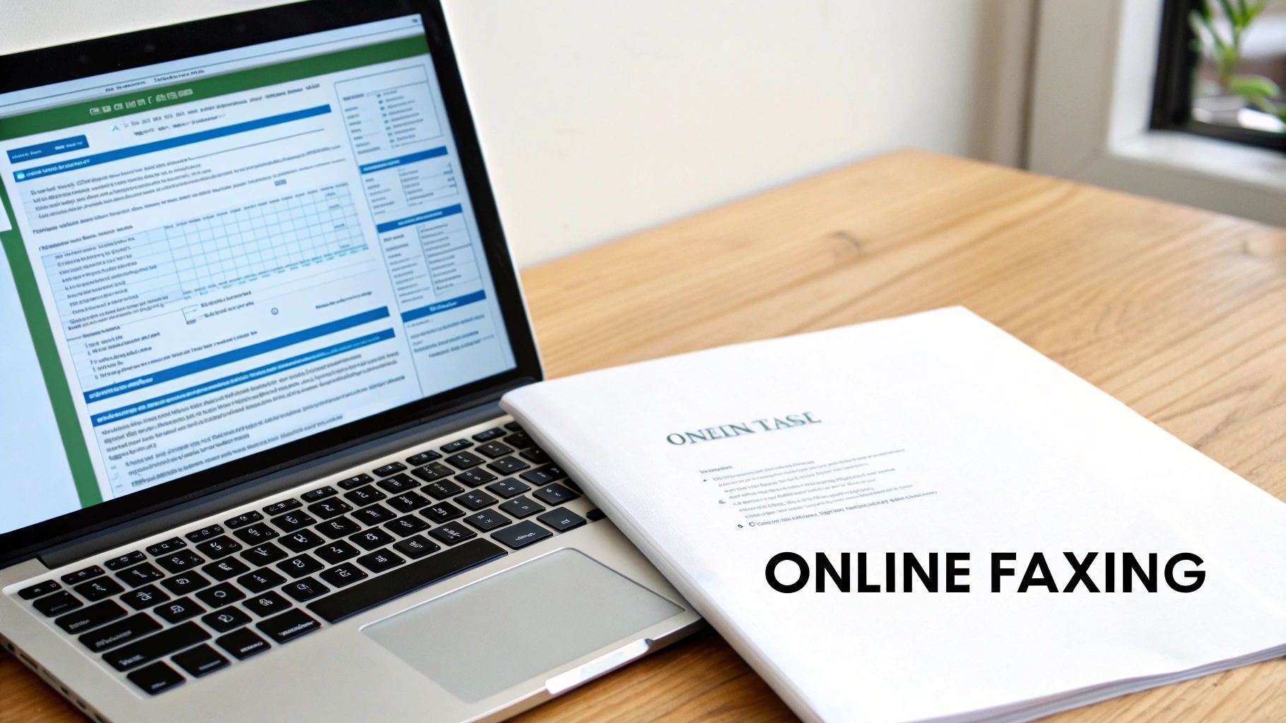 Laptop and documents on a wooden desk, highlighting online faxing services.