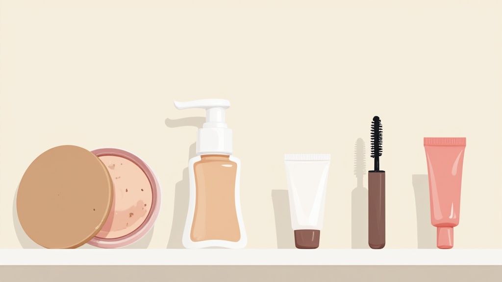 A collection of natural makeup products like mineral powders, cream blushes, and gentle mascaras arranged artfully on a clean, bright surface.