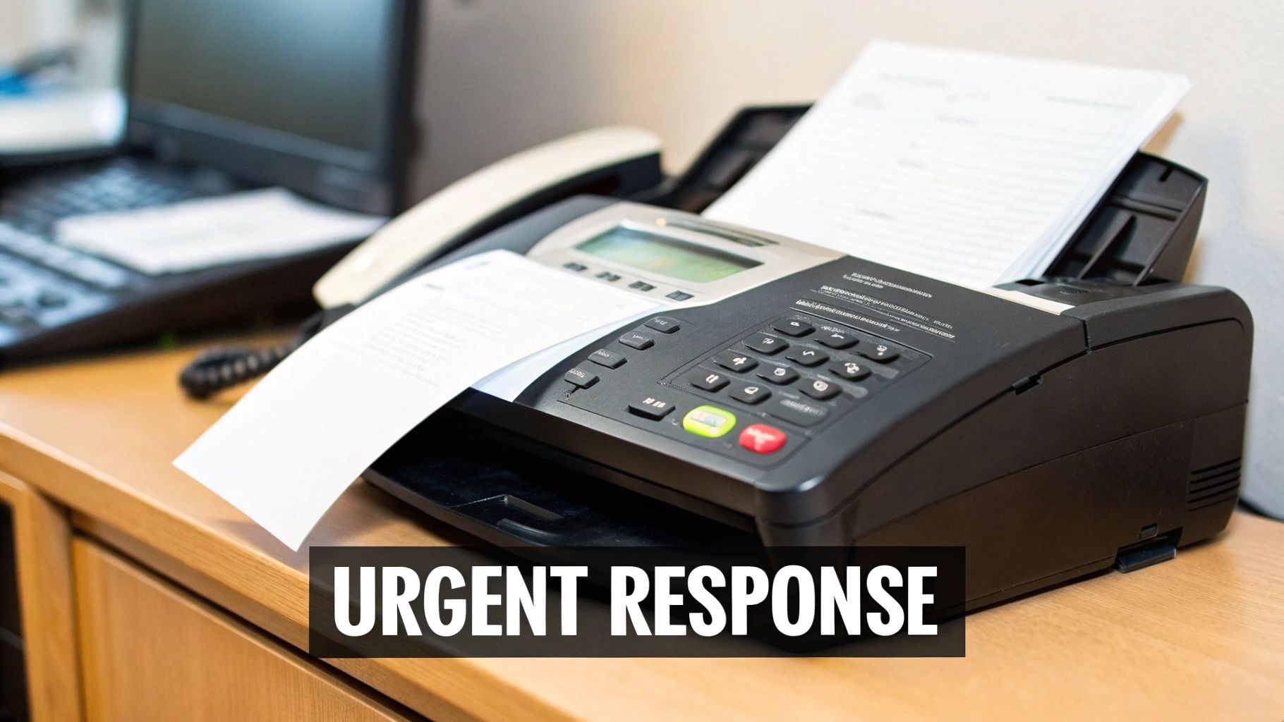 A black fax machine on a wooden desk with documents and a laptop, with 'URGENT RESPONSE' text overlay.