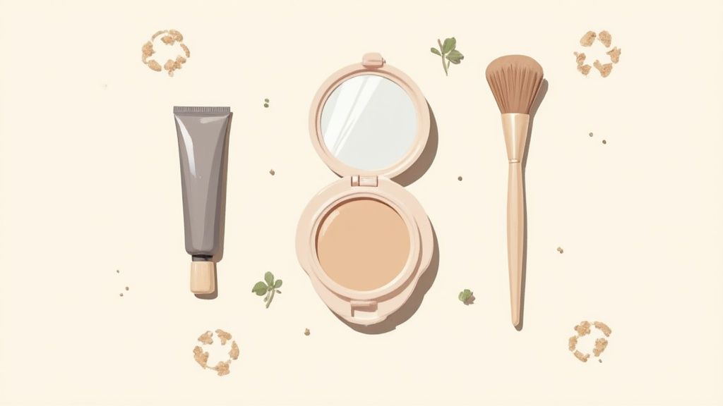 A collection of eco friendly makeup products arranged neatly on a surface.