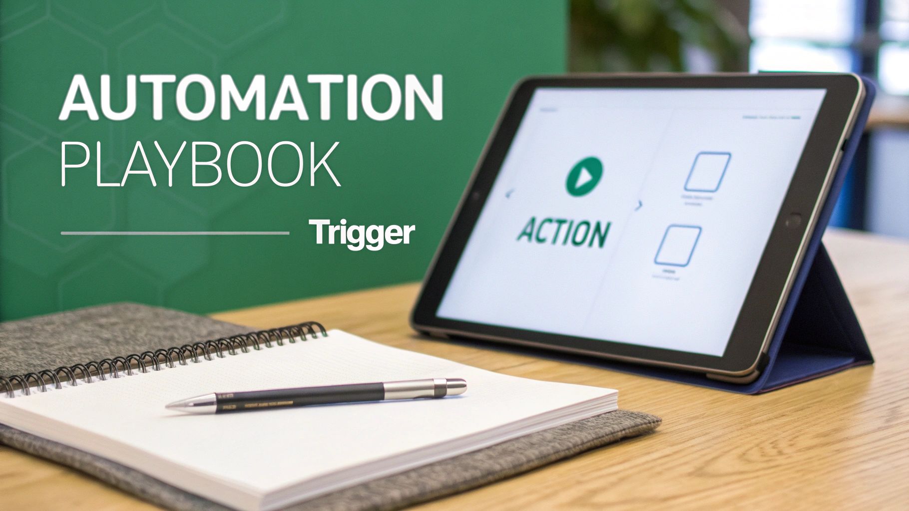 Digital tablet displaying 'ACTION' in an automation playbook next to a notebook and pen on a desk.