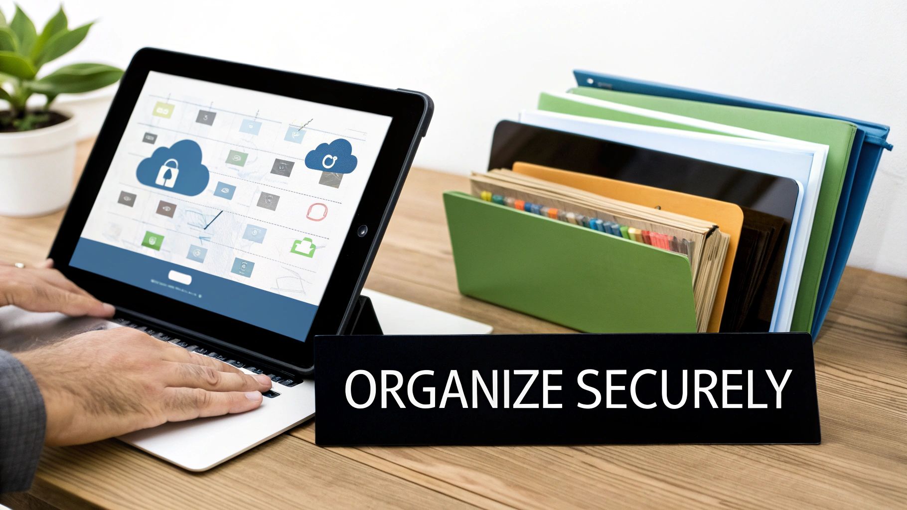 A person uses a laptop displaying cloud storage icons, next to organized physical files and a 'ORGANIZE SECURELY' sign.
