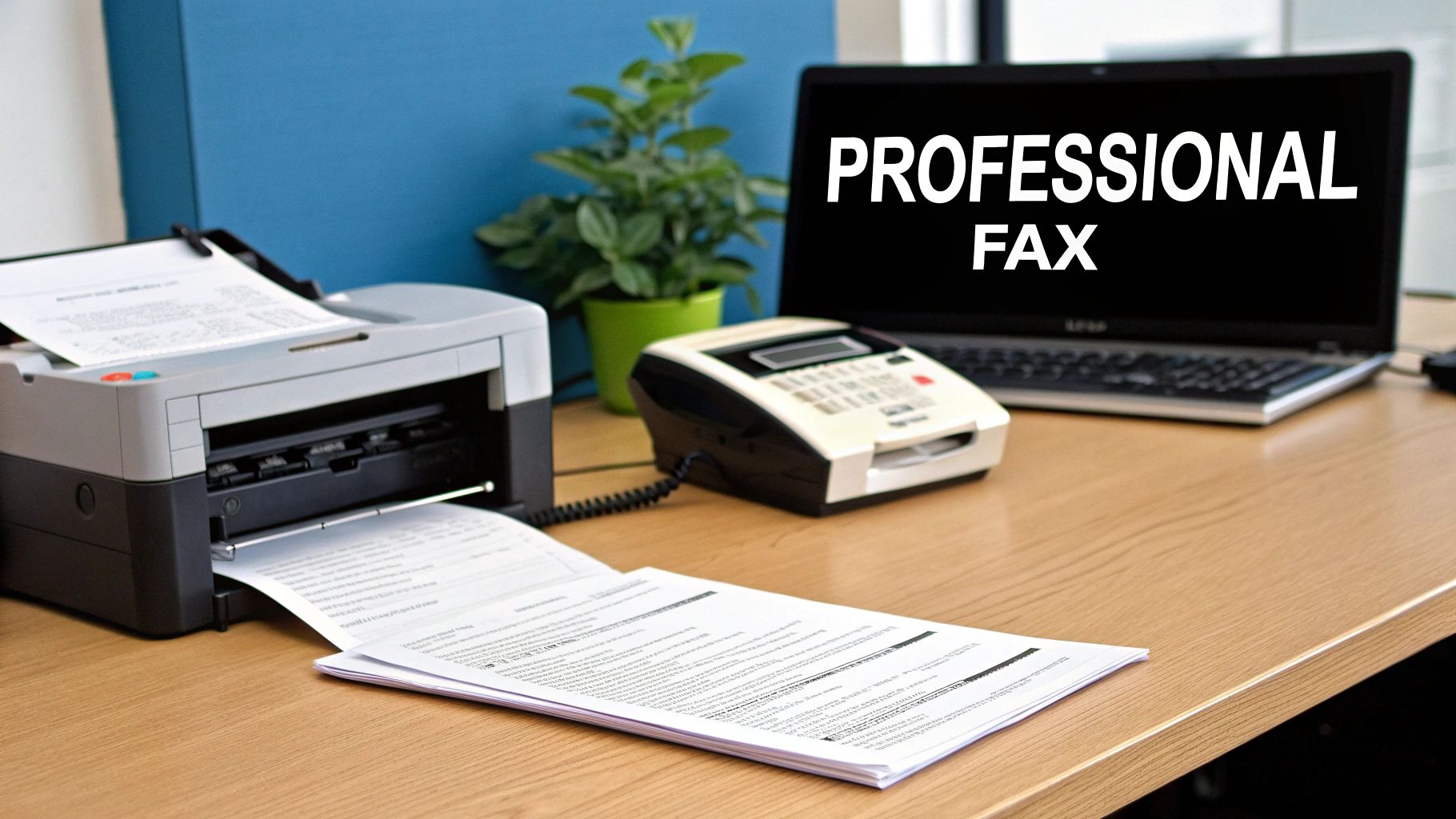 An office desk with a printer, outgoing paper, a fax machine, and a laptop showing 'PROFESSIONAL FAX'.