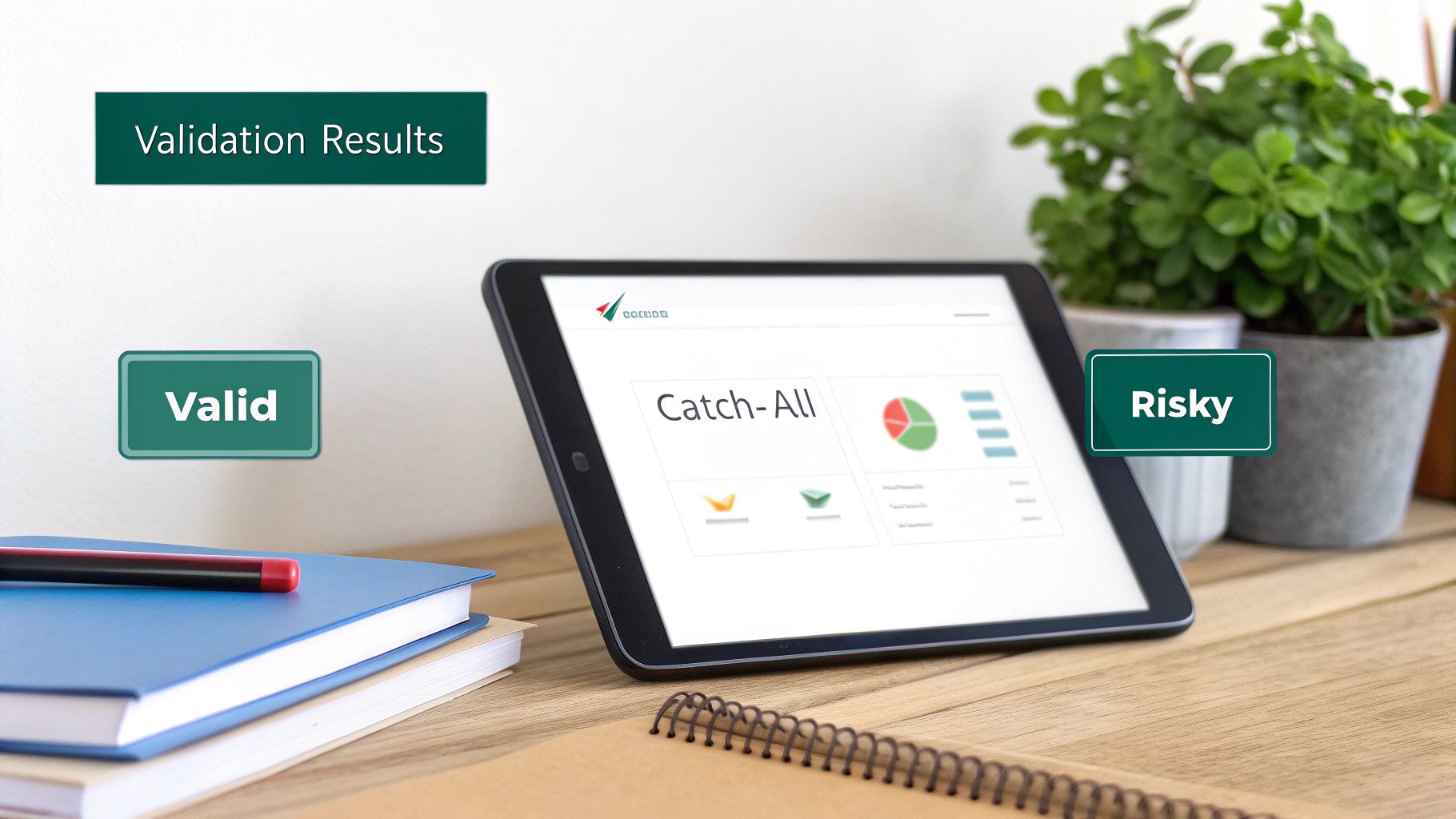 A tablet displays 'Catch-All' validation results with 'Valid' and 'Risky' labels on a wooden desk.