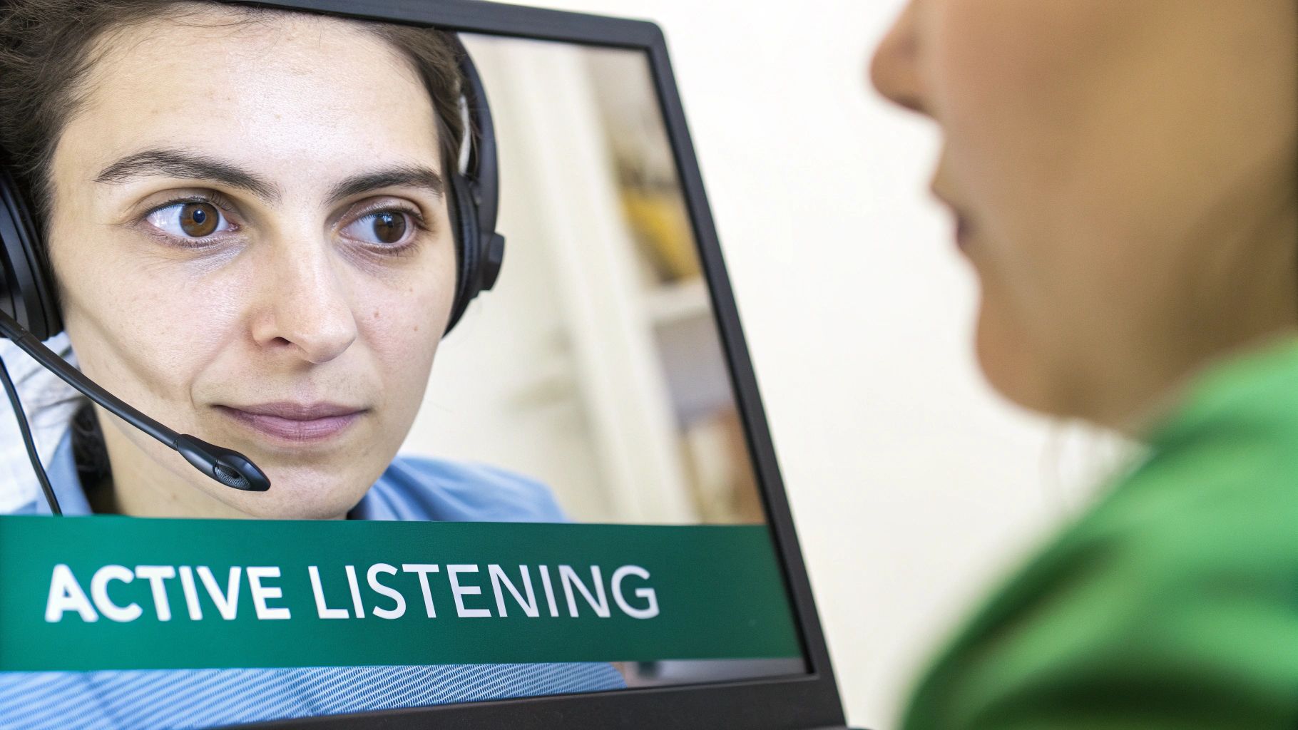 A woman on a computer screen wearing a headset with 'ACTIVE LISTENING' text displayed.