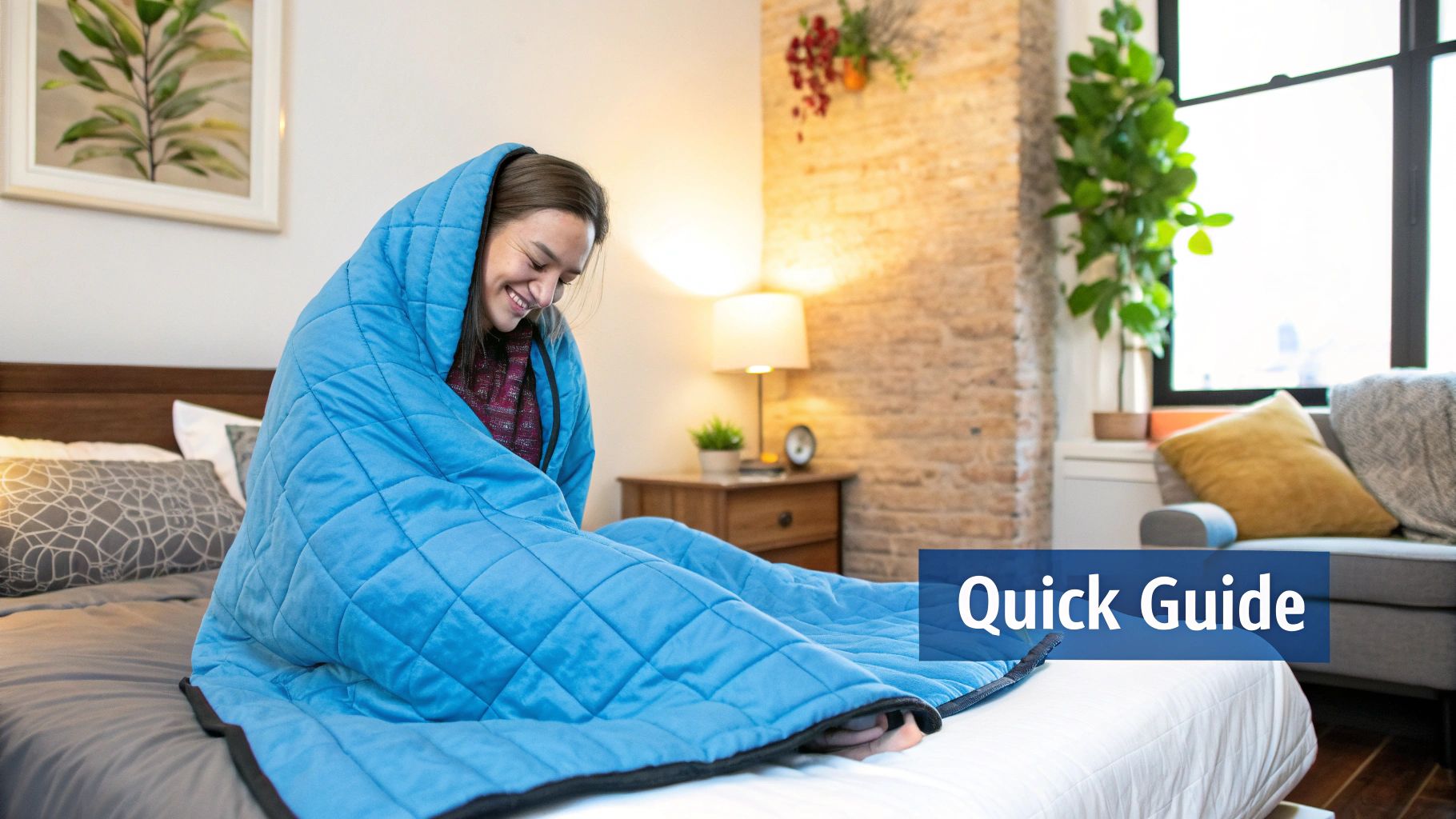 A person sleeping peacefully under a dark gray weighted blanket in a well-lit bedroom.