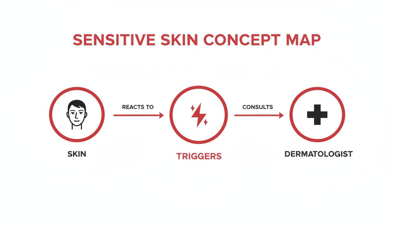 A sensitive skin concept map illustrating skin reactions to triggers and consulting a dermatologist.