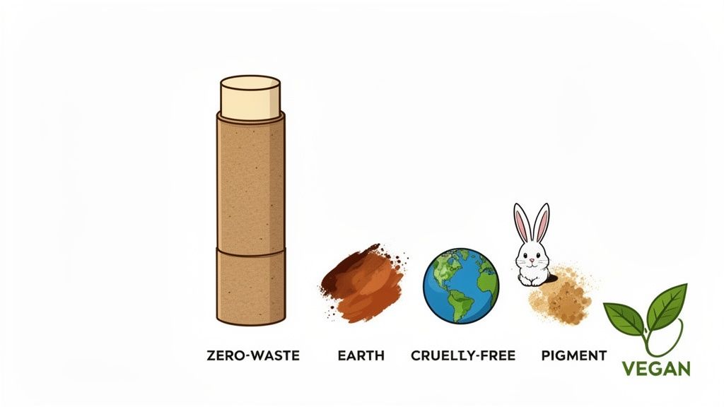 Graphic showing a zero-waste cosmetic stick, with labels earth, cruelty-free, pigment, and vegan.