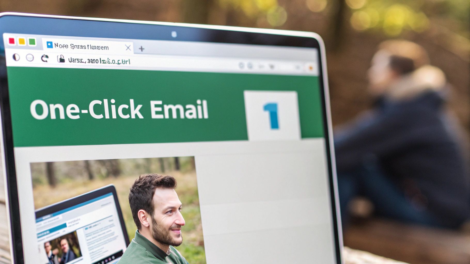 A laptop screen outdoors displaying a webpage titled 'One-Click Email' with a smiling man's photo.
