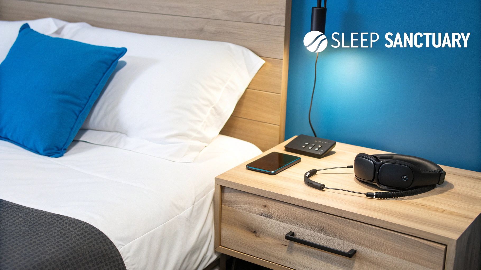 Cozy bedroom with a bed, blue pillow, nightstand, and sleep devices for a restful sleep.