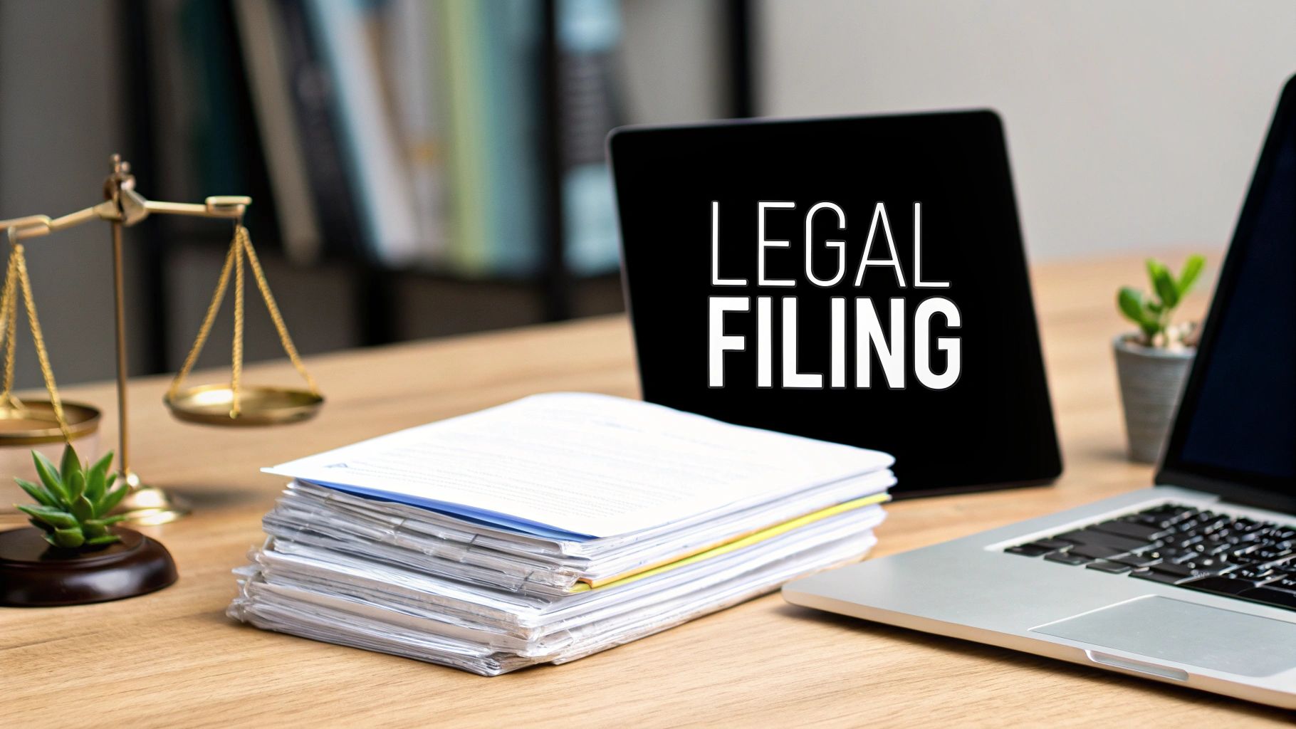 A desk with legal documents, a laptop, scale of justice, and a tablet displaying 'Legal Filing'.