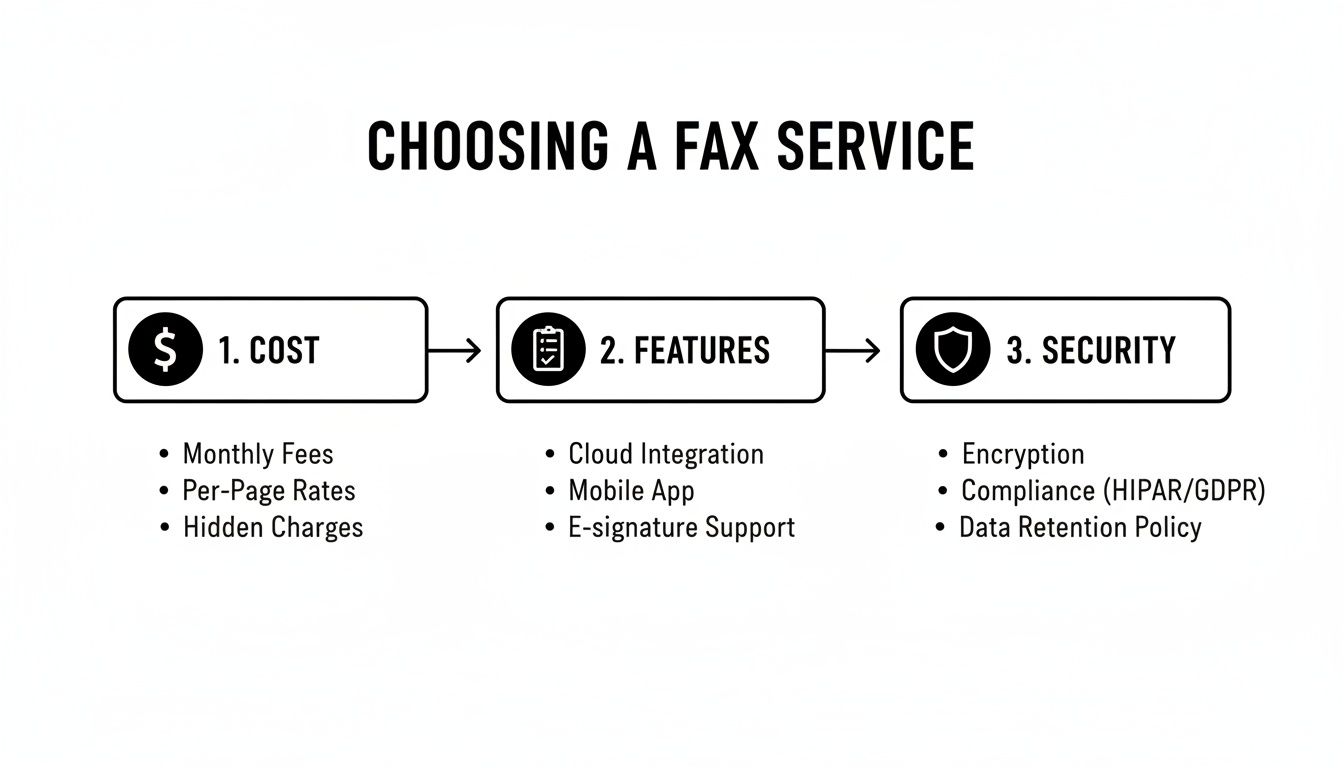 A flowchart detailing the three main considerations for choosing a fax service: Cost, Features, and Security.
