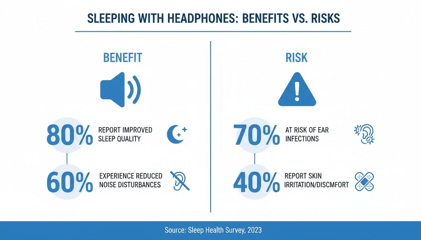 Infographic showing benefits and risks of sleeping with headphones, including sleep quality, noise reduction, ear infections, and skin irritation.