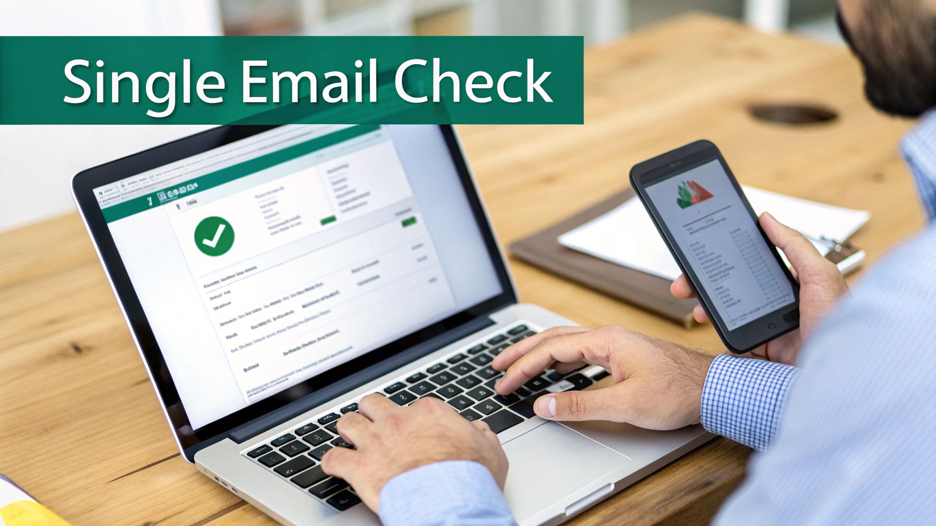 A man using a laptop and smartphone for a single email verification check.