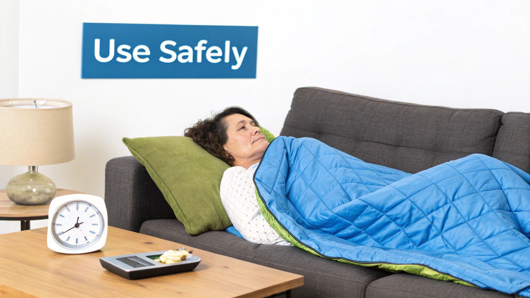 A person wrapped comfortably in a weighted blanket on a couch.