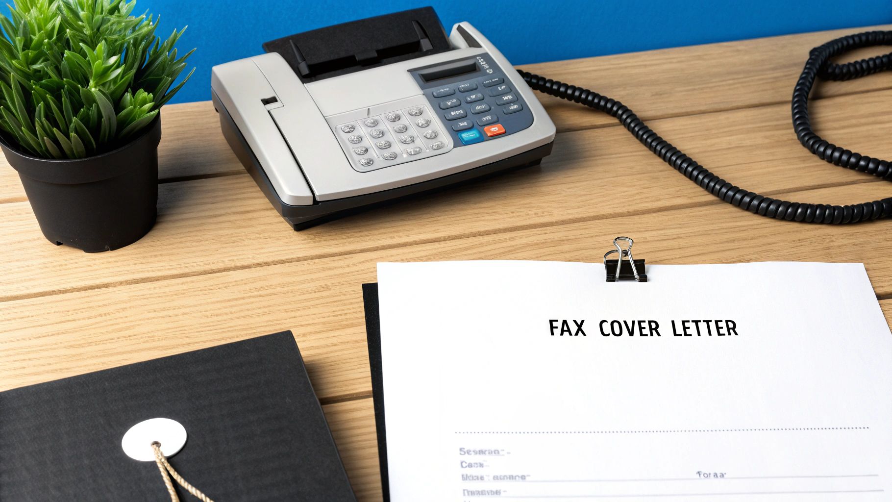 A fax machine and a document titled 'FAX COVER LETTER' sit on a wooden office desk.