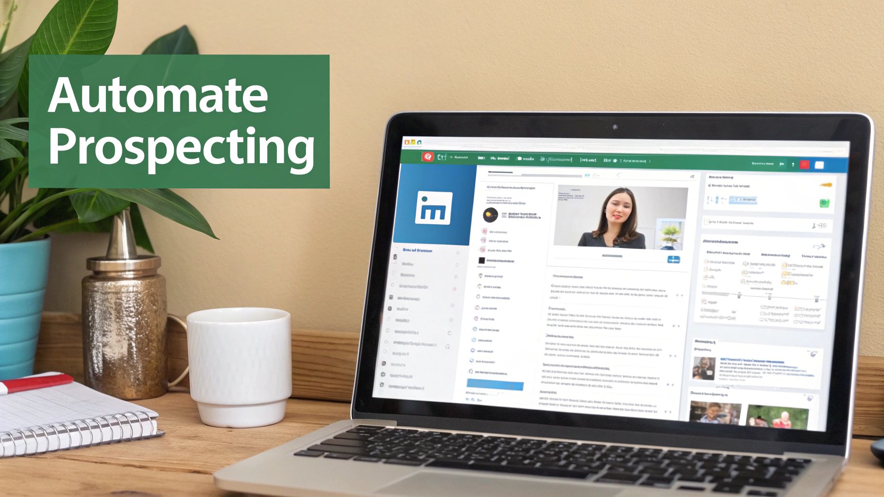 A laptop on a wooden desk shows a business networking site, with text 'Automate Prospecting' in a green box.