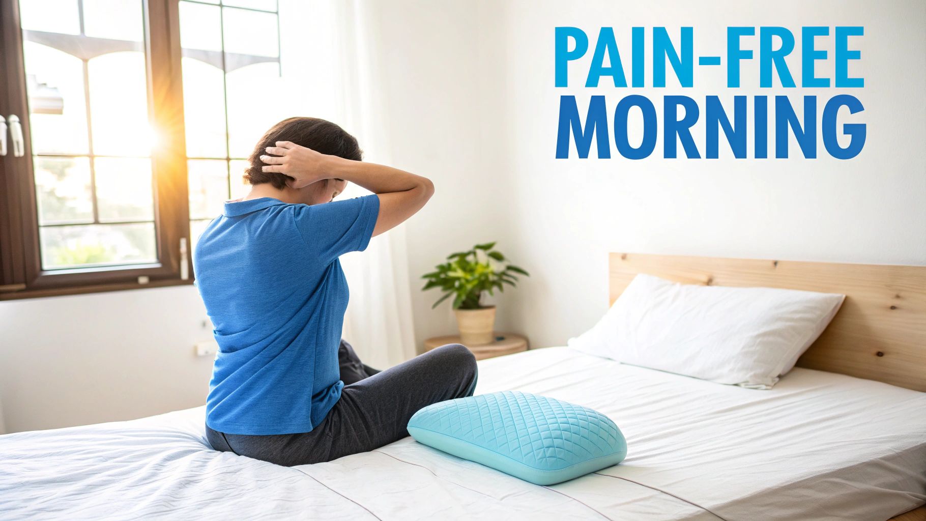 A person with neck pain sits on a bed, looking at a blue ergonomic pillow, promising a pain-free morning.