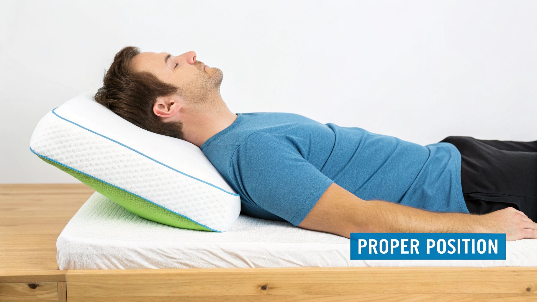 A man in a blue shirt demonstrates proper back sleeping posture with a supportive cervical pillow.