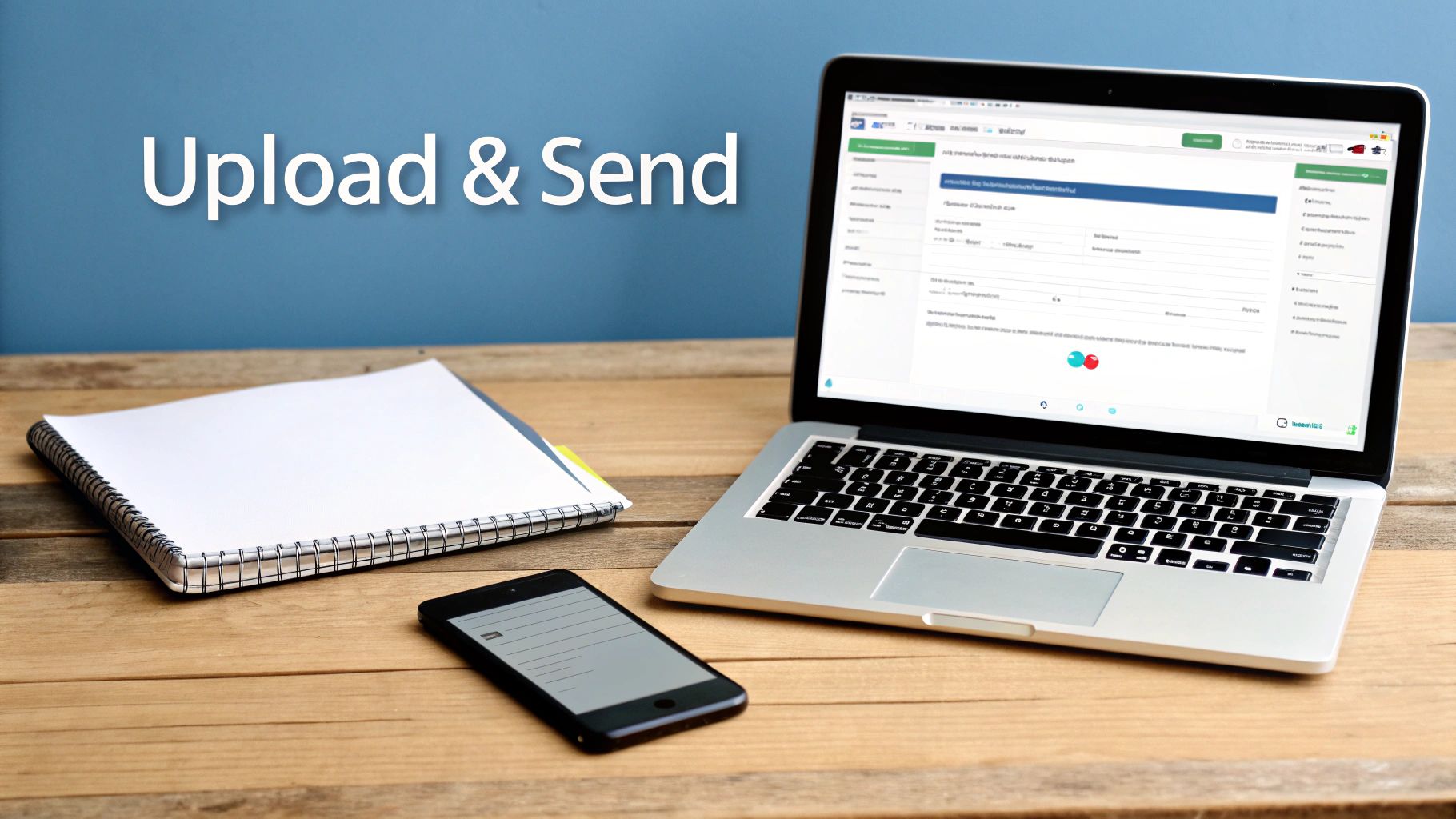 A laptop displaying an online form, a smartphone, and a notebook on a wooden desk, with 'Upload & Send' text.