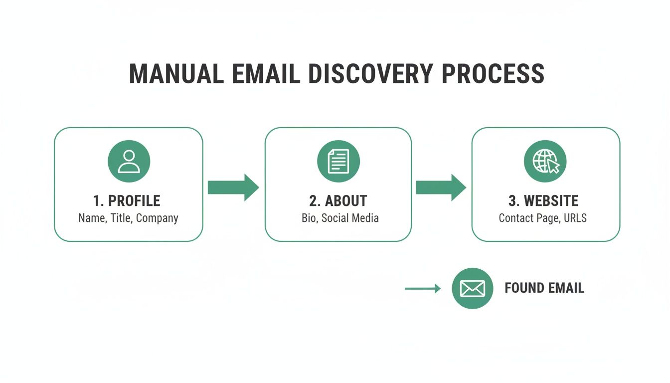 Flowchart illustrating the manual email discovery process, detailing steps from profile research to finding emails.