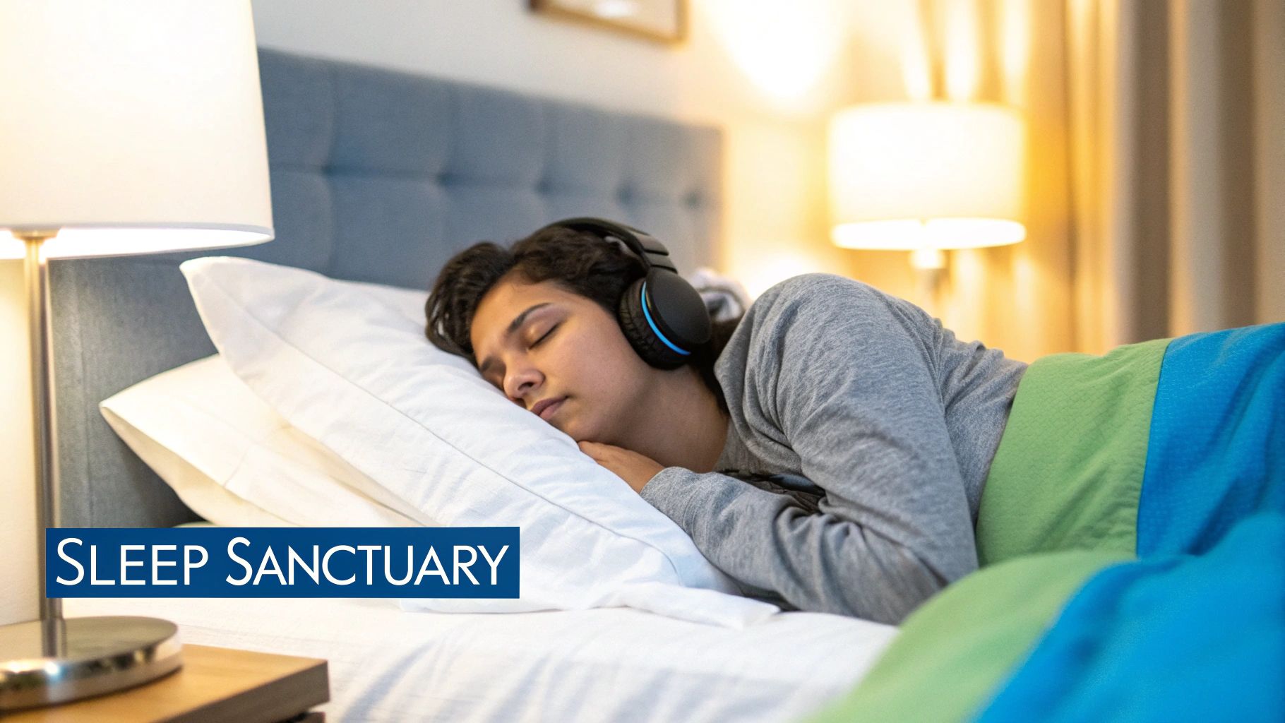 A person peacefully sleeping in bed with comfortable headphones on, with a calm and serene atmosphere.