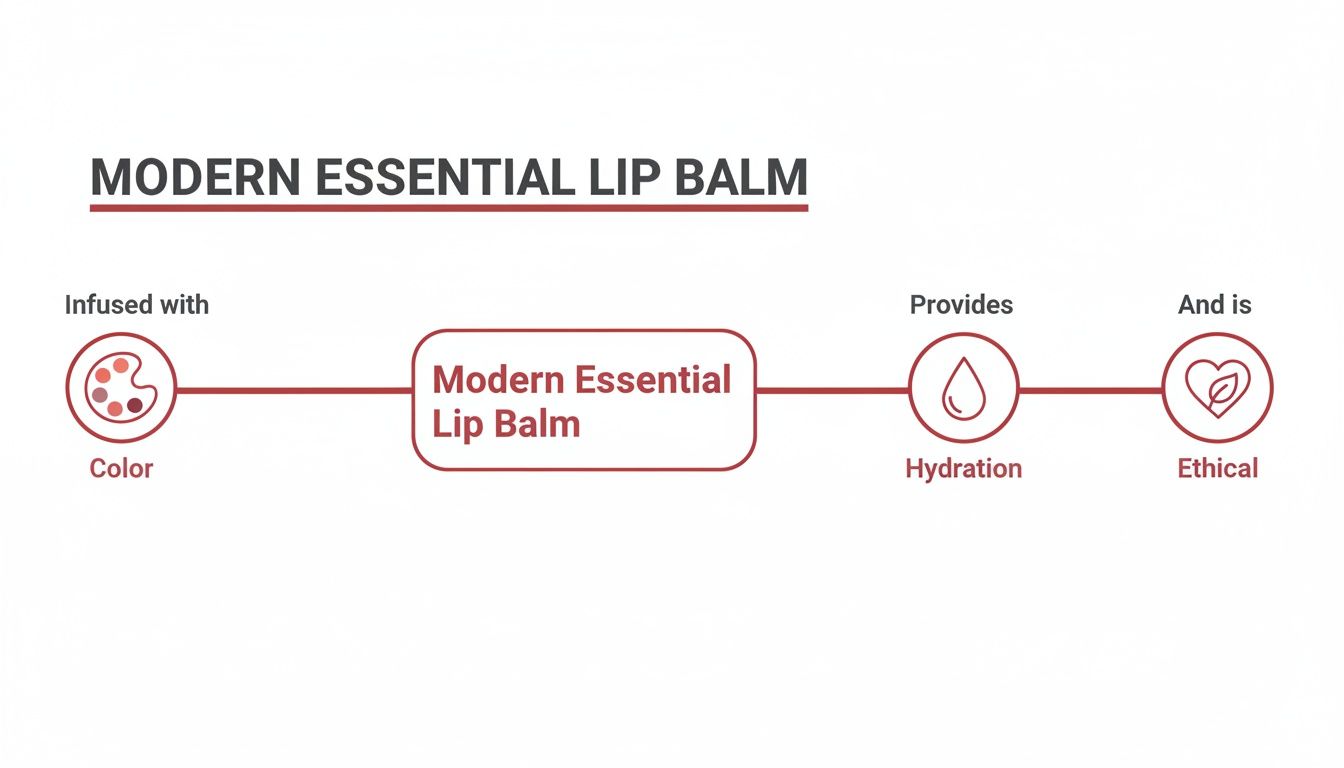 Diagram outlining the features of Modern Essential Lip Balm: infused with color, provides hydration, and is ethical.