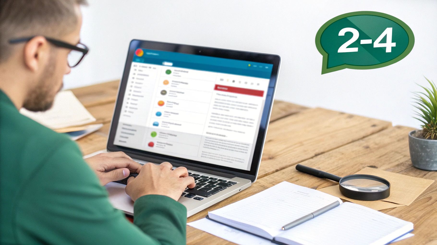 A person with glasses typing on a laptop showing an email interface, with office supplies on a wooden desk.