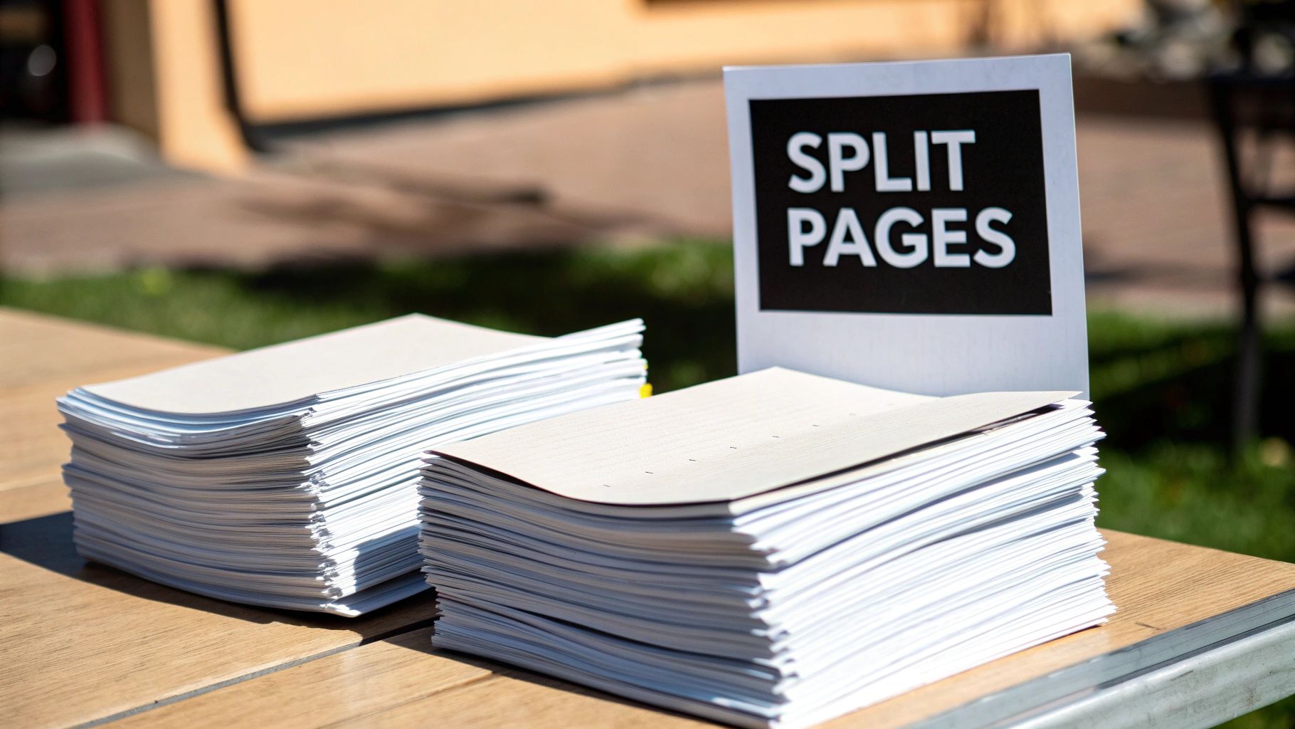 Two stacks of documents and a 'SPLIT PAGES' sign on a wooden table outdoors in sunlight.