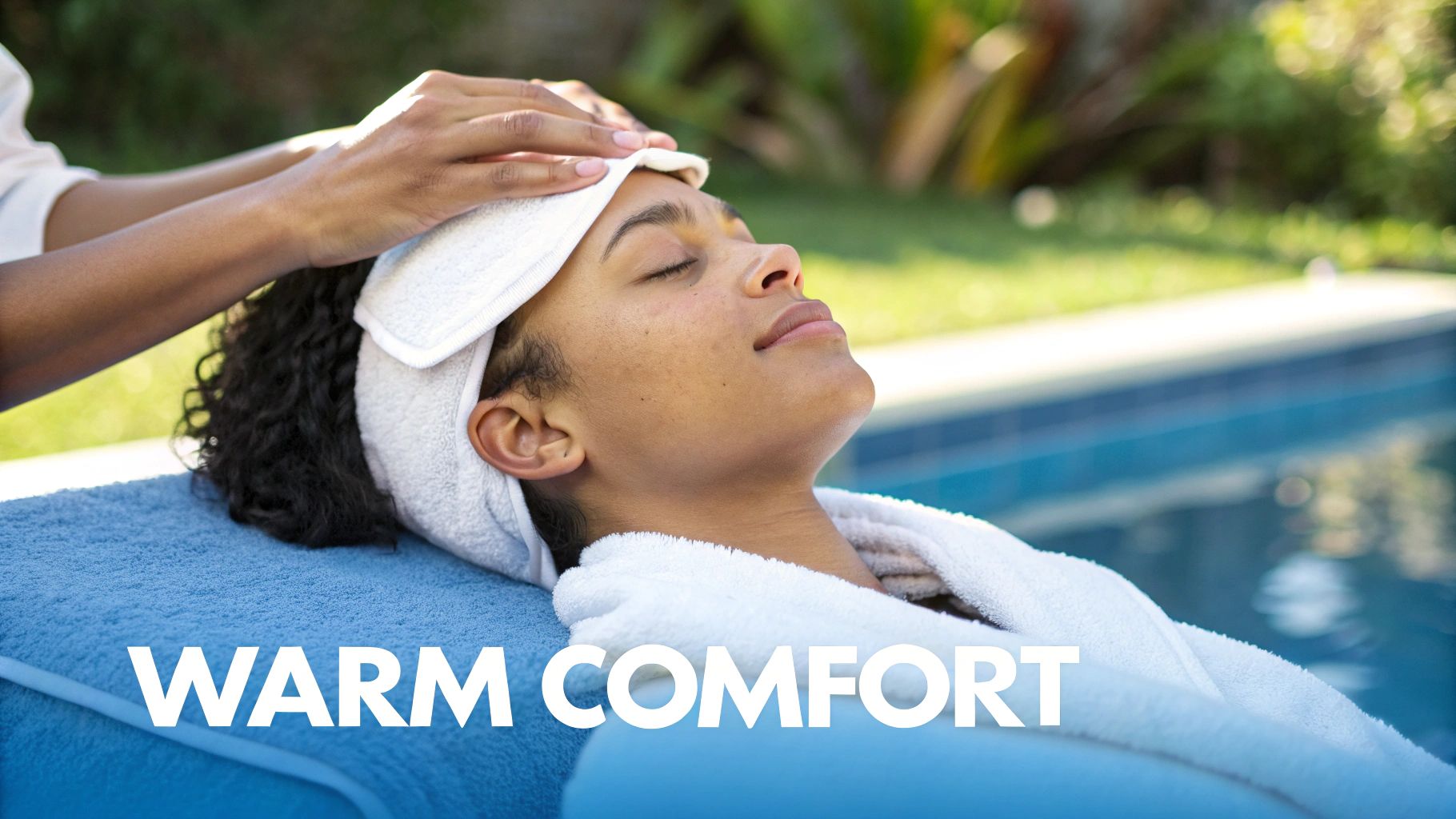 A person relaxing with a warm compress over their eyes, showing a moment of calm and relief.