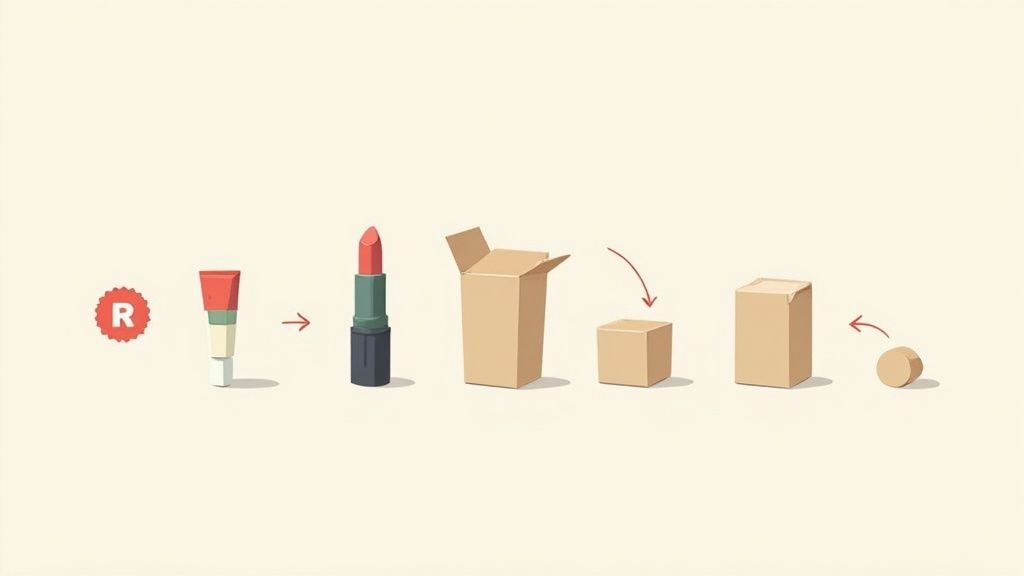 Illustration showing a lipstick and its cardboard packaging components in a lifecycle sequence.
