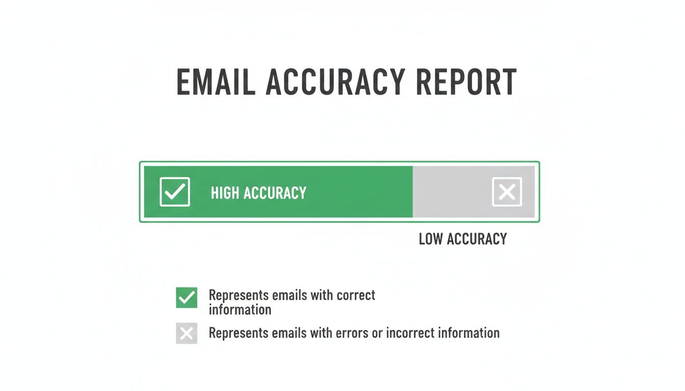 Email accuracy report indicating high accuracy (green check) and low accuracy (grey X) with a descriptive legend.