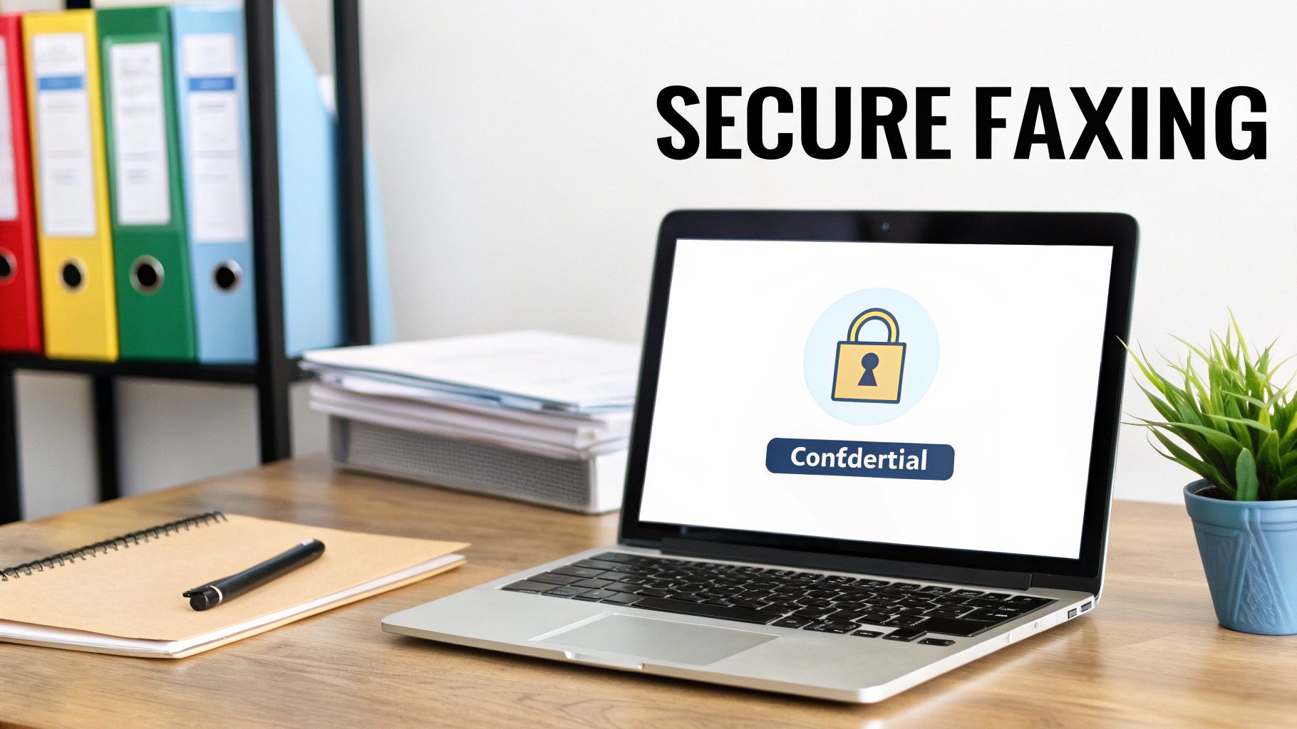 A laptop on an office desk displays a secure padlock icon and 'Confidential' text, emphasizing secure faxing.