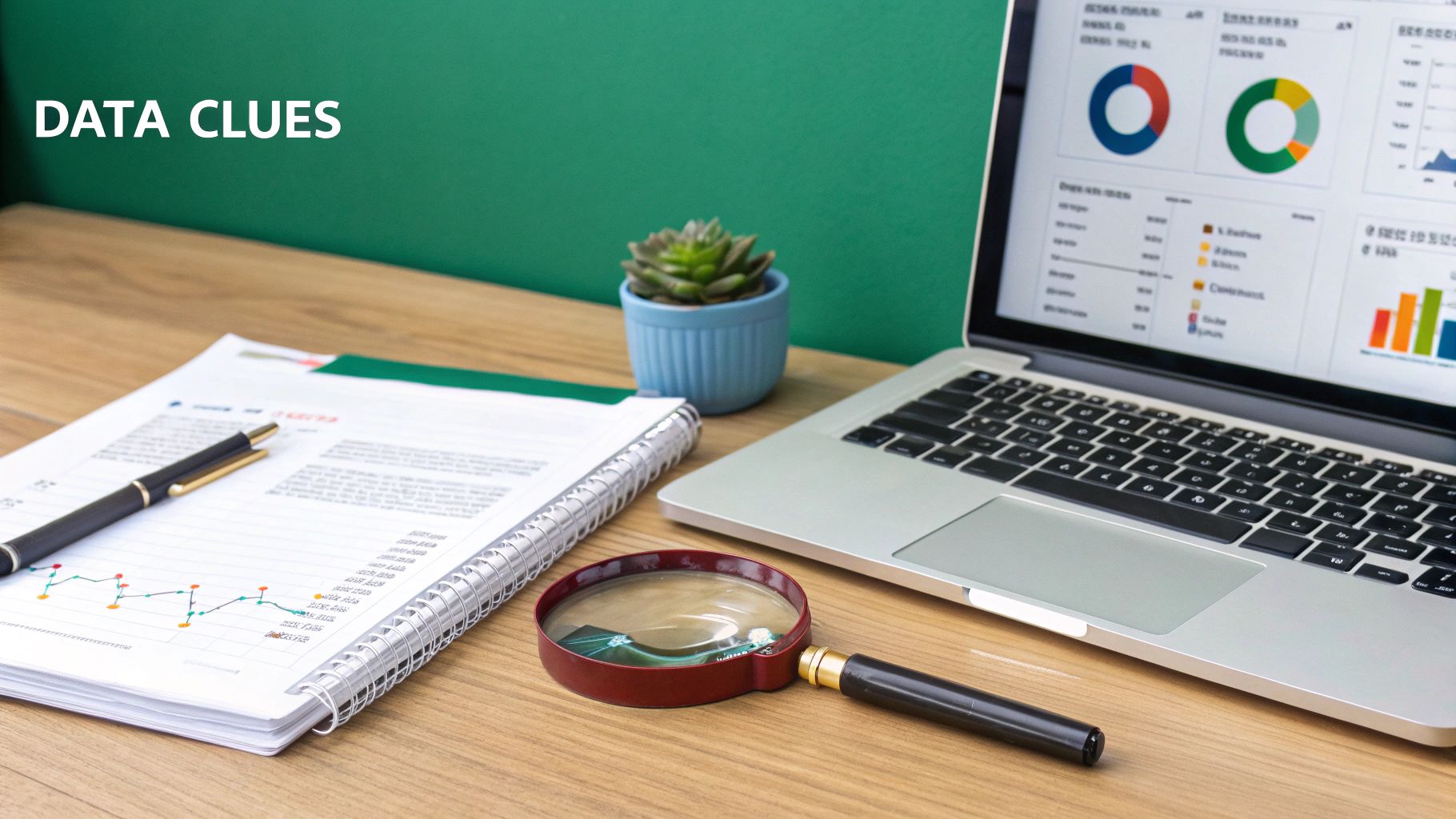A desk setup with a laptop showing data charts, a notebook, pen, magnifying glass, and a plant.