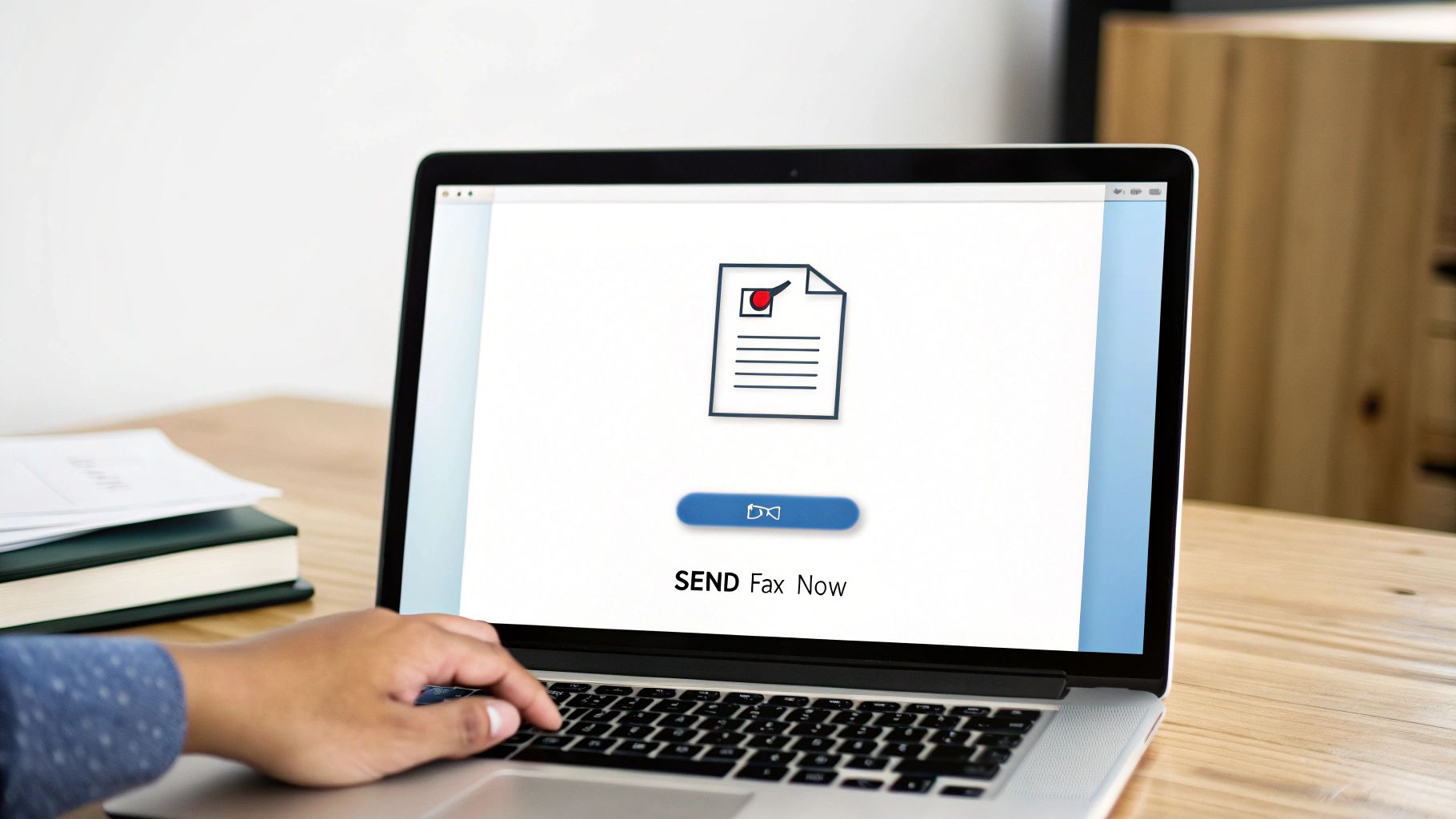 A person types on a laptop screen displaying a 'SEND Fax Now' interface with a document icon.