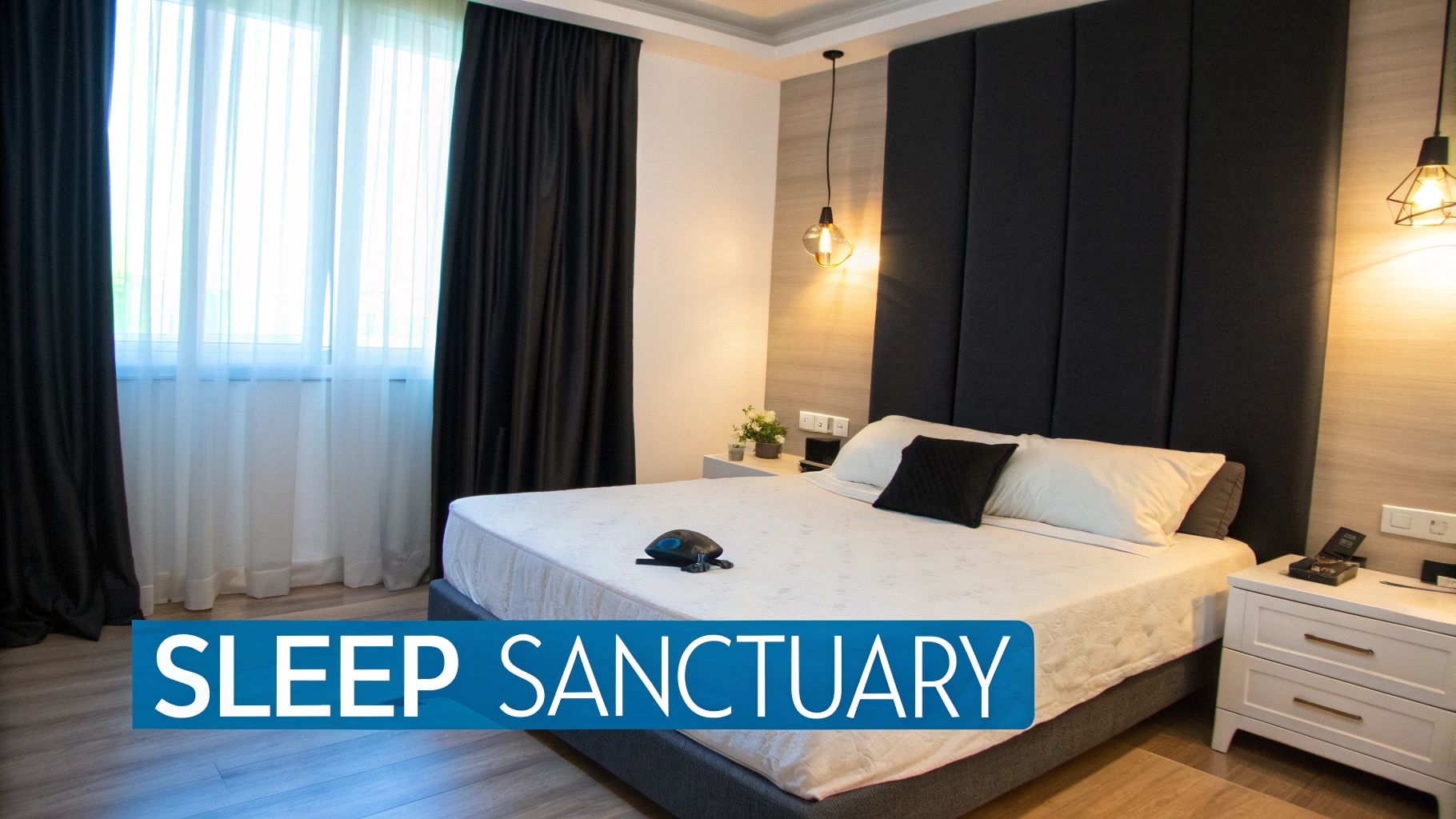 Modern bedroom with a large bed, dark headboard, two nightstands, and window with curtains.