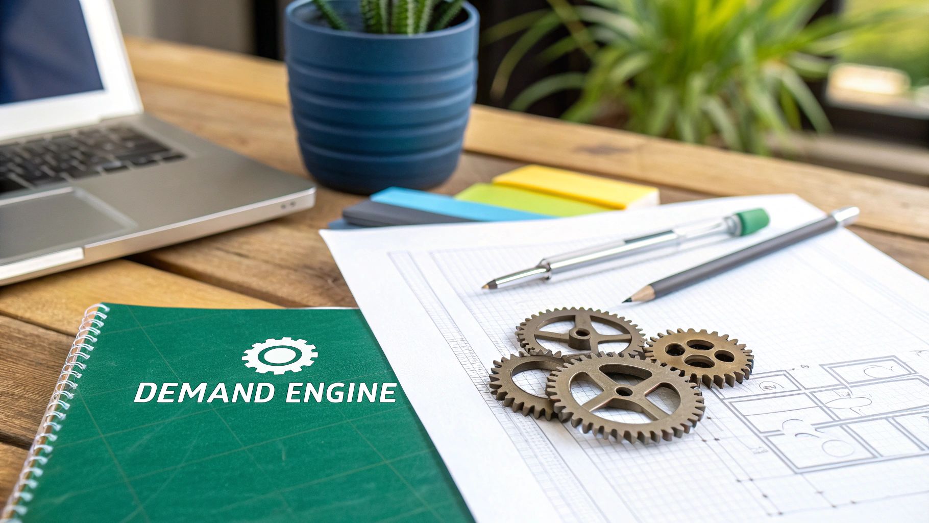 A rustic wooden desk workspace with a laptop, plant, 'DEMAND ENGINE' notebook, gears, and blueprint.