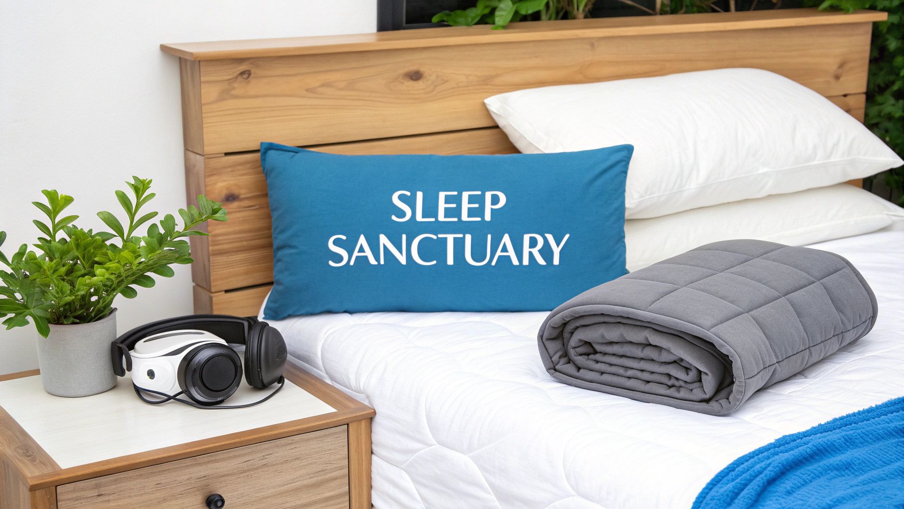 Bedroom scene with a 'Sleep Sanctuary' pillow, weighted blanket, headphones, and plant on a nightstand.