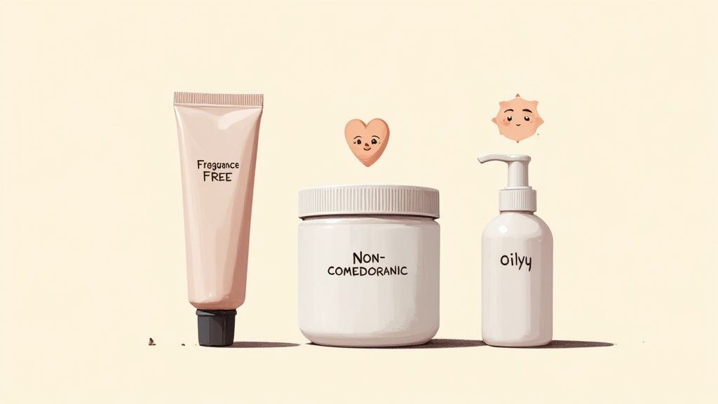 Three gentle skincare products: a fragrance-free tube, a non-comedogenic jar, and an oily skin pump bottle.