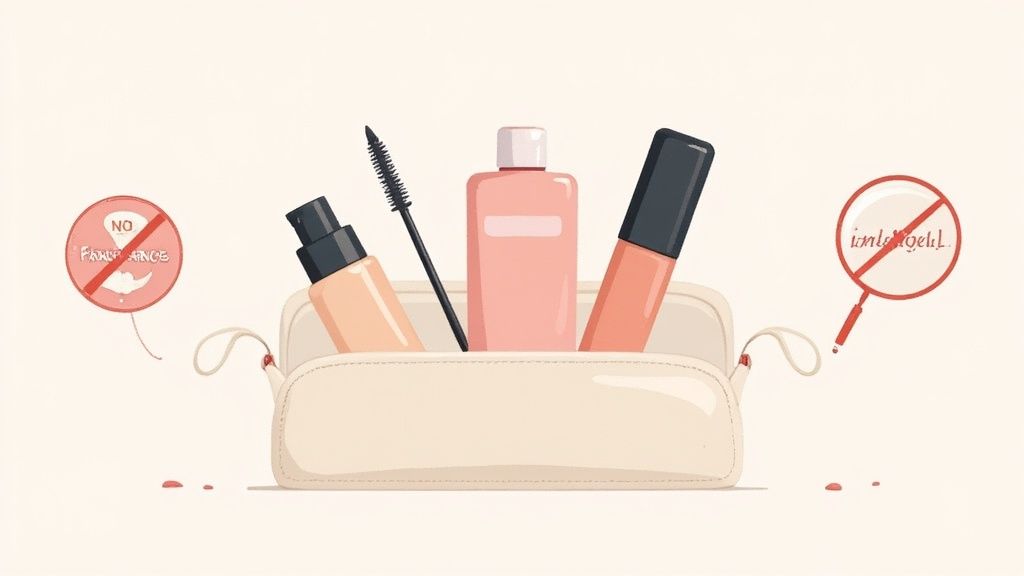 A woman with sensitive skin applies fragrance free makeup foundation with a brush.