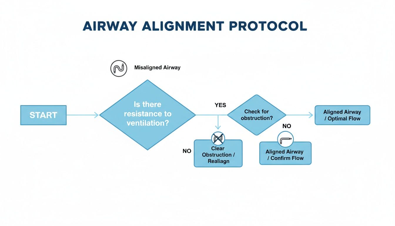 Flowchart illustrating the airway alignment protocol, addressing ventilation resistance, obstruction, and achieving optimal airflow.