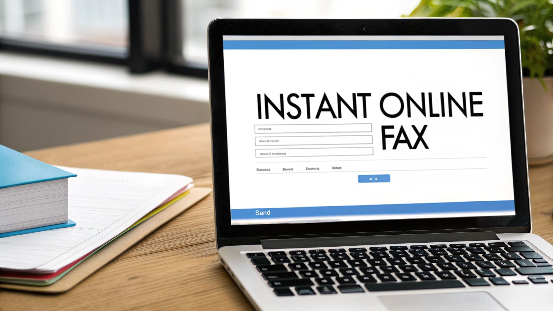 Laptop on a wooden desk displaying an 'Instant Online Fax' webpage, with notebooks and papers.