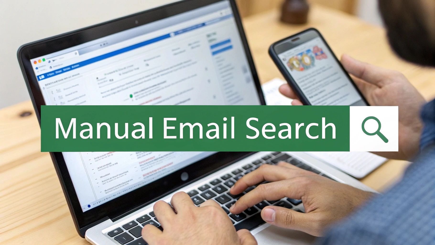 A person using a magnifying glass on a computer screen, symbolizing the manual search for an email address.