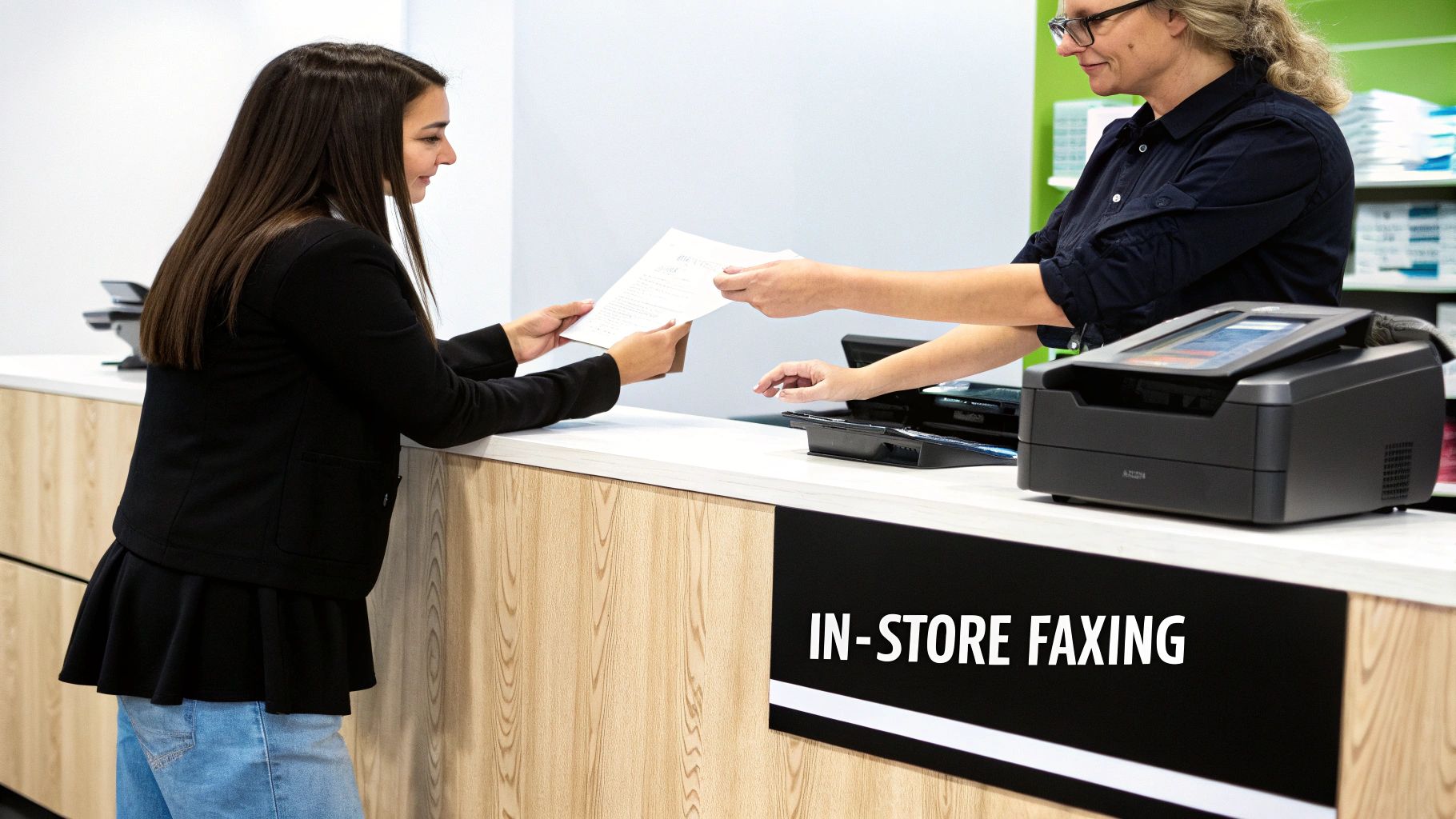 Customer hands documents to an employee at a service counter with an in-store faxing sign.