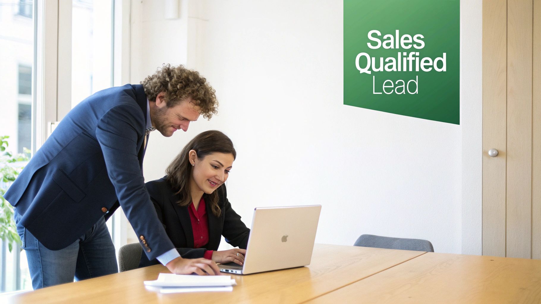 Two smiling colleagues, a man and a woman, collaborate on a laptop with a 'Sales Qualified Lead' sign on the wall.