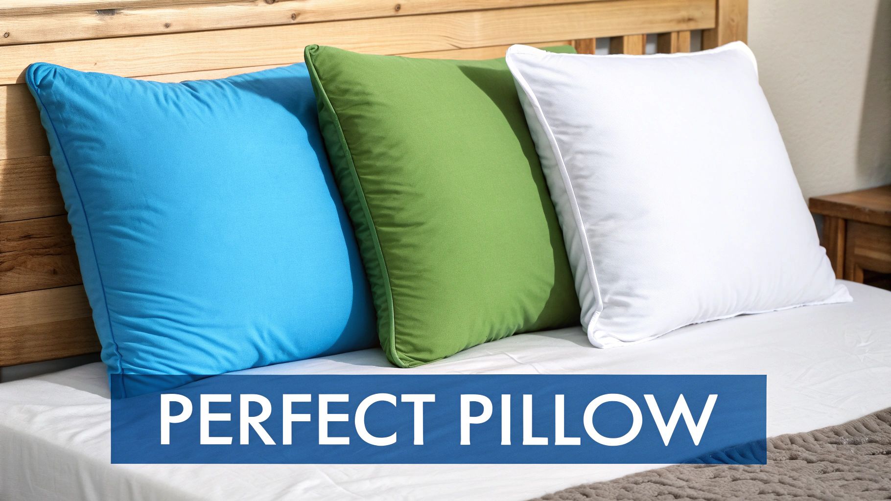 Three colorful pillows, blue, green, and white, are neatly arranged on a bed with a wooden headboard.