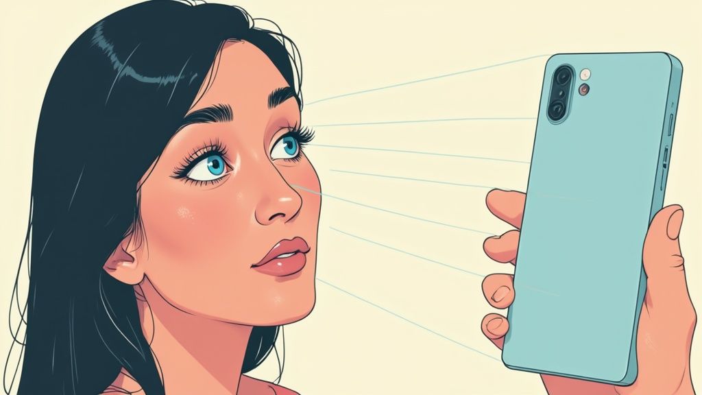 Woman holding a phone to her face, using an app to find her foundation shade